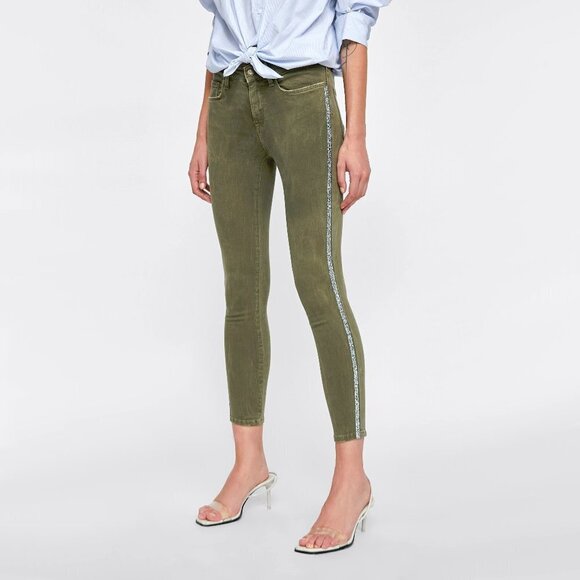 EUC Zara olive khaki skinny cropped ankle washed look sparkle side stripe jeans - Picture 3 of 13